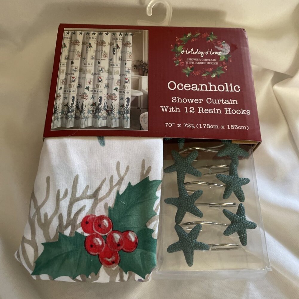 Oceanholic Holiday Shower Curtain With 12 Resin Hooks 70" X 72" Festive Coastal